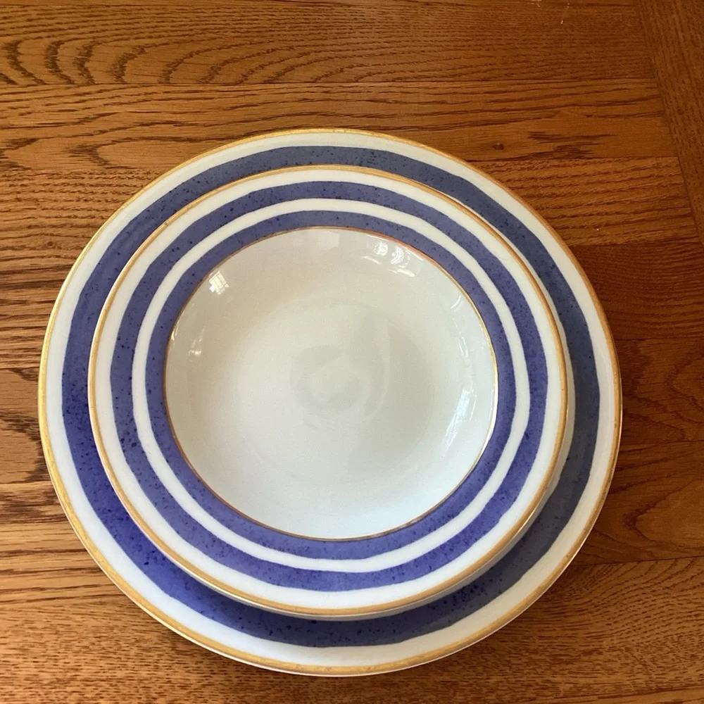 Crate and Barrel VERANDA BLUE STRIPED Gold Rim Dinner Plate / SoupBowl HTF
